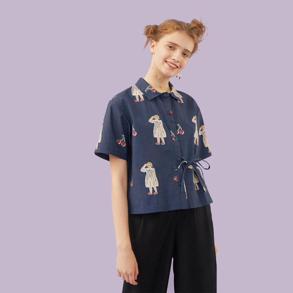 Kina and Tam Girl & Cherries Print Pocket Tie Top - M/L